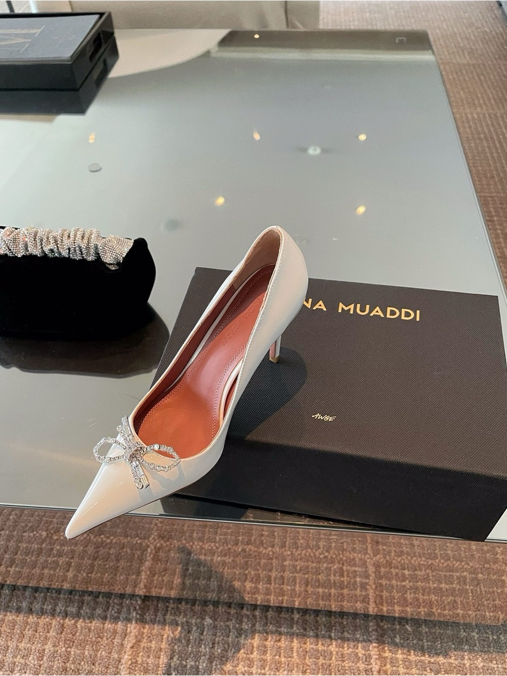 Amina Muaddi White Patent Pointed Pump with Crystal Bow - Picture 6 of 9